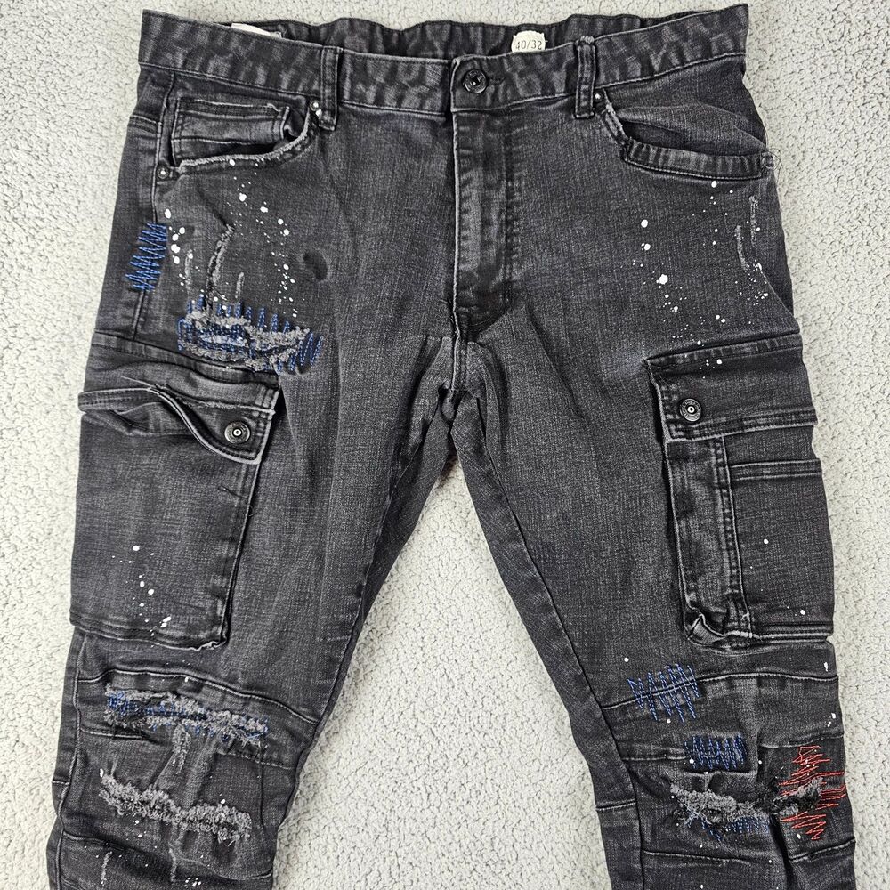 Smoke Rise Jeans Mens 38x30 Black Stretch Distress Cargo Goth Punk Streetwear